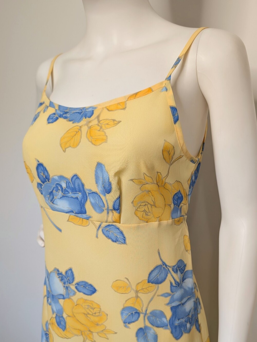 Y2K Yellow & Blue Floral Spaghetti Strap Empire Waist Semi Sheer Maxi Dress - Picture 5 of 13